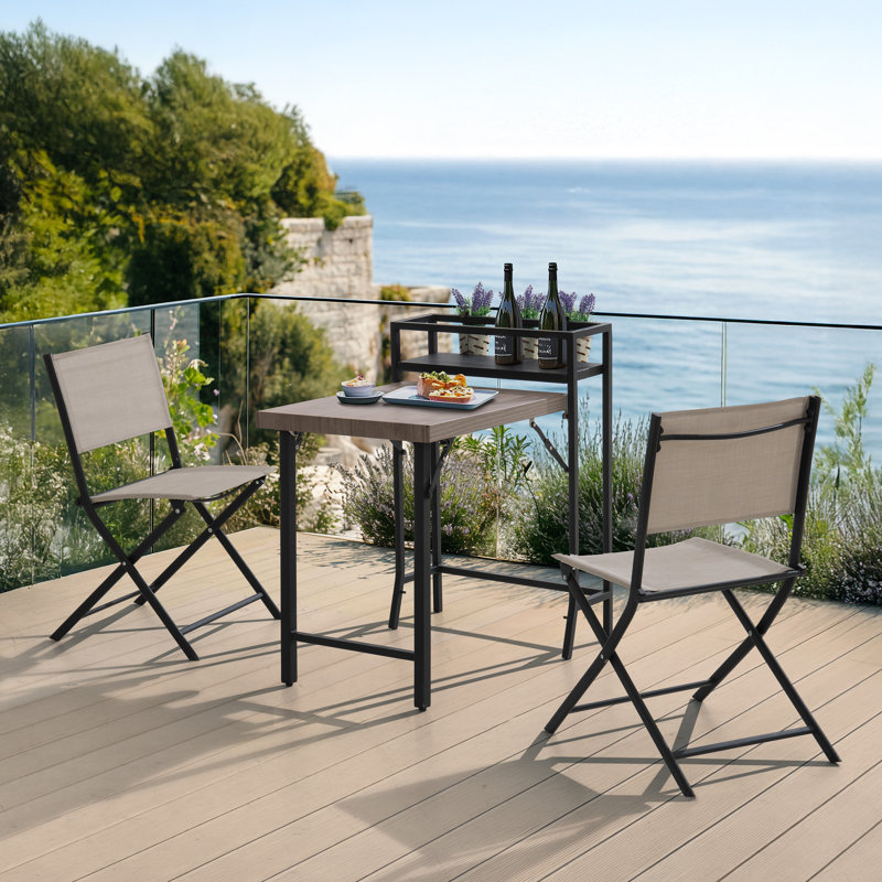 SUNJOY 3 Piece Patio Bistro Set LONDON with shelf, Patio Set with Folding Table & Chair and Storage Space, Garden Furniture Set for 2