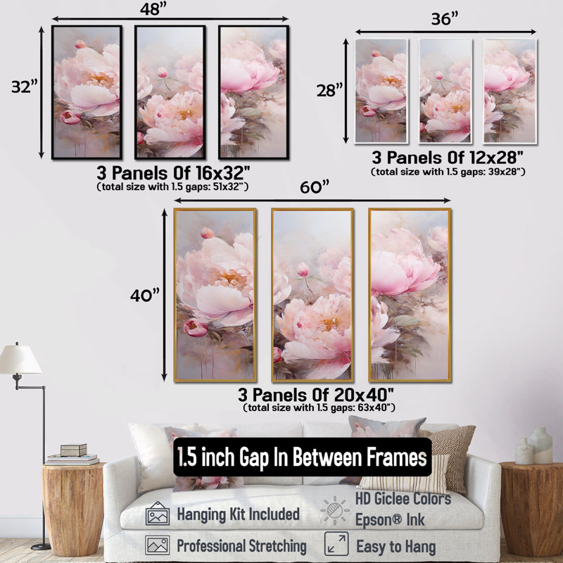 Pivoines roses, art liquide, champ de fleurs VI - ensemble d'art mural champ de fleurs, Cadre flottant noir