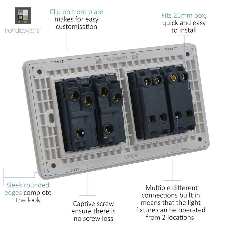 Trendi Switch 4 Gang Light Switch (2x 1 or 2 Way & 2 x Intermediate), Light Grey