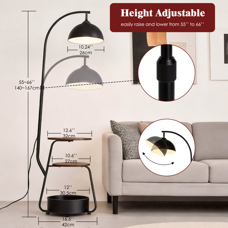 Modern Smart Floor Lamp with Side Table, Adjustable Height, Stepless Dimming, Remote & App Control, Matte Black Metal with Wood Shelves