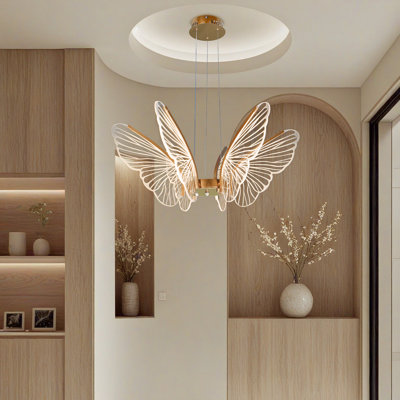 Golden Butterfly-shaped Restaurant Chandelier Led Three-tone Lighting Adjustable Height Modern Artistic Luxury Chandelier