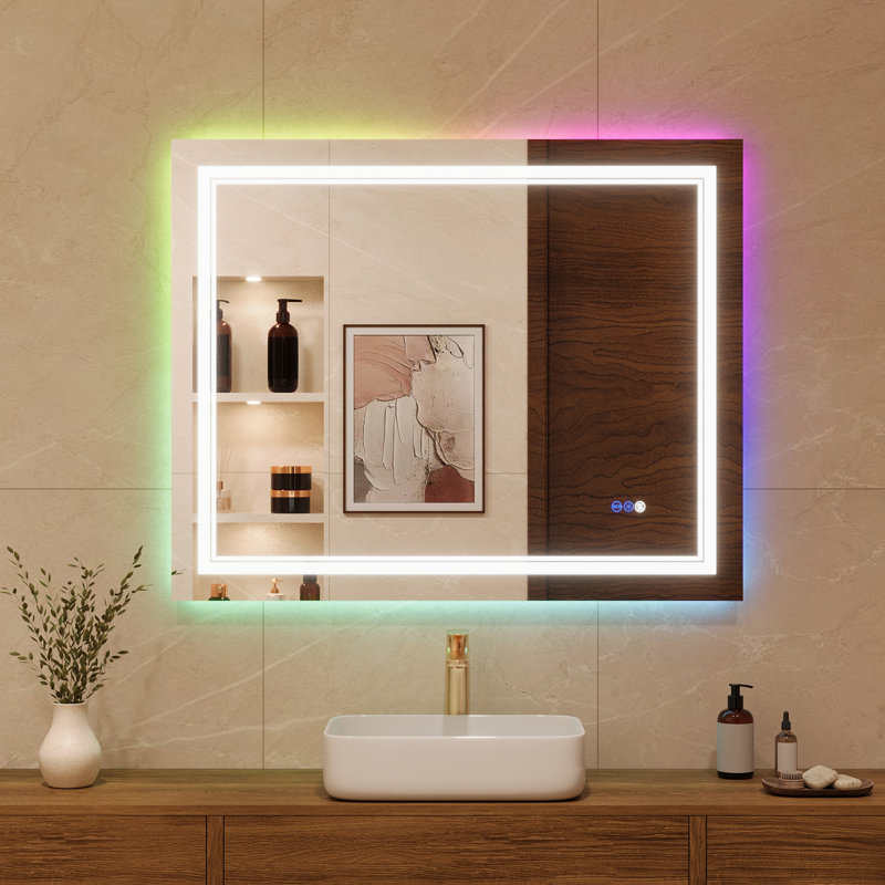40" W x 32" H Smart RGB LED Bathroom Mirror with Enhanced Anti-Fog, Memory Function & IP44 Waterproof, Dimmable Front/RGB Backlight