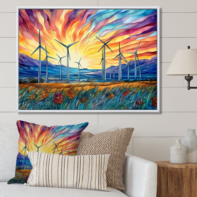 Éoliennes au lever du soleil, H 34 po x l 44 po x P 1,5 po, Cadre flottant blanc