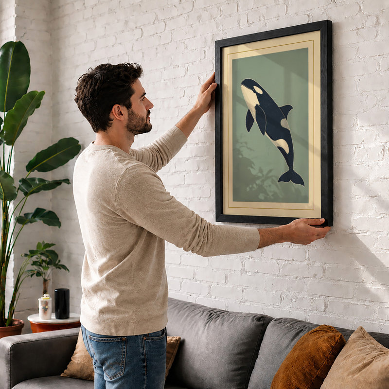 Breaching Whale Coastal - Framed Print, A3 - 42.0 x 29.7 cm, White