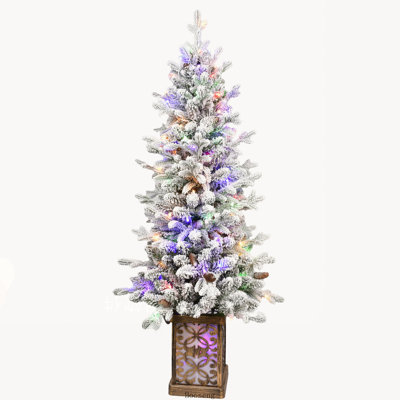 Sapin de Noël floqué de 120 cm avec lumières DEL multicolores, 396 branches et base scintillante