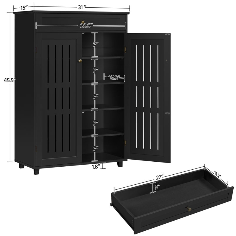 Multi-sized Louvered 5-Tier Shoe Storage Cabinet with Drawer, Black, 5