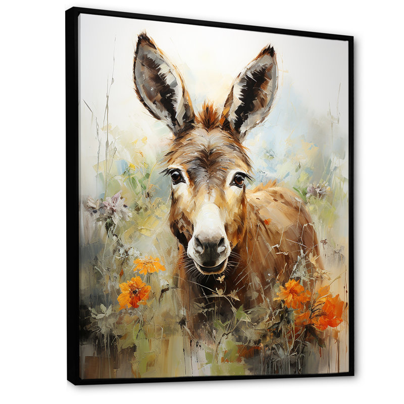 Donkey Flower Meadow - âne, art mural, H 44 po x l 34 po x P 1,5 po, Cadre flottant noir