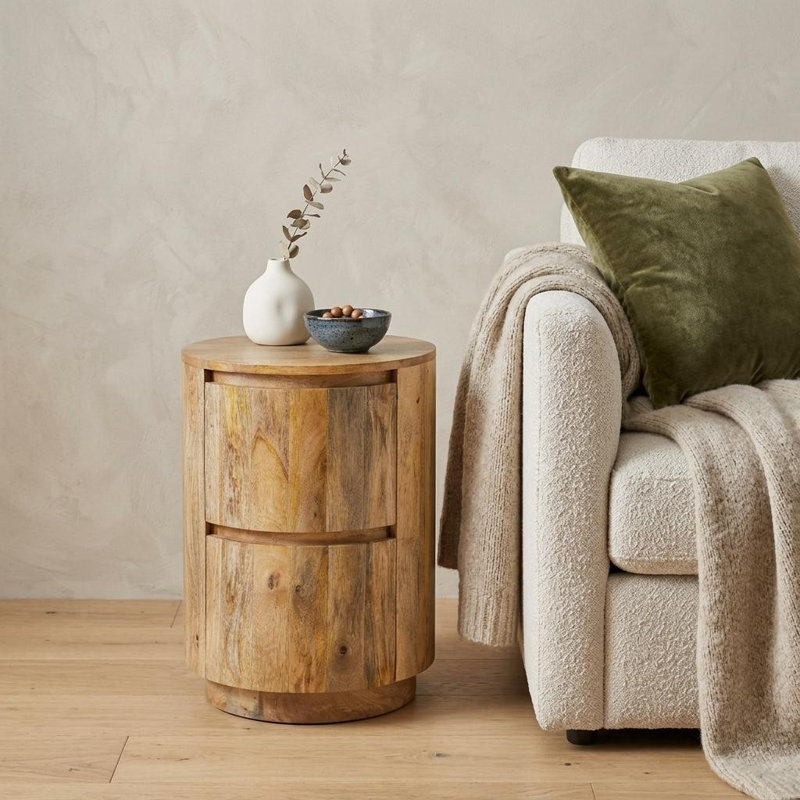 24" Natural Solid Wood Round Drum End Table With Two Drawers