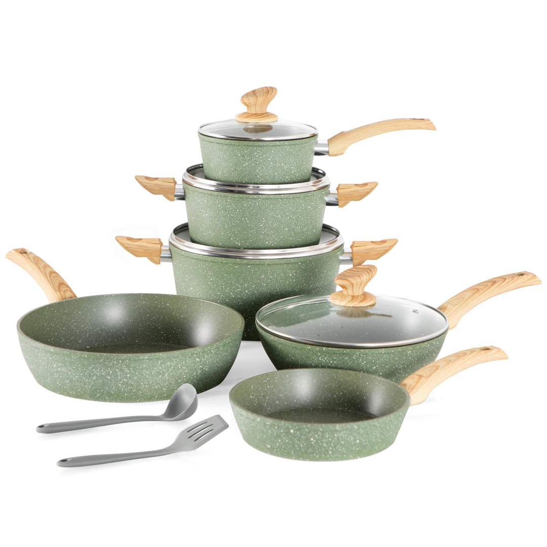 Induction Cookware Sets - 12 Piece Cooking Pan Nonstick Set, Granite Green Pots And Pans Set