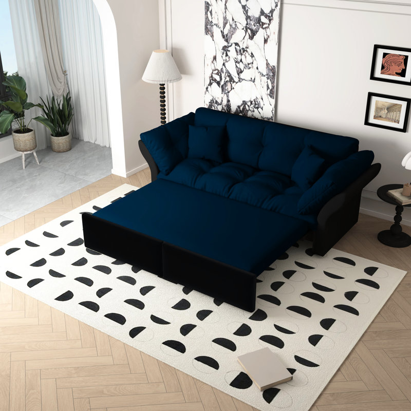 Grand lit convertible de 74,8 po, velours bleu, fonction 3 en 1, 2 coussins, soutien, taille compacte, matériau en velours, respirant, confortable pour le sommeil