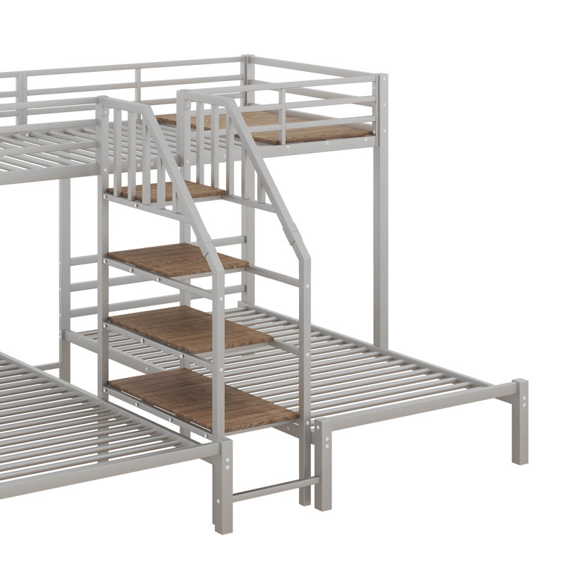 Metal Triple Bunk Bed Storage Shelves Staircase, Silver