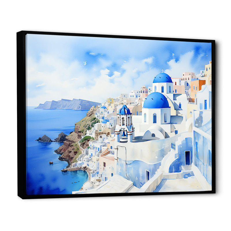 Art mural bleu et blanc Santorini III - Grèce, Cadre flottant noir, H 34 po x l 44 po x P 1,5 po