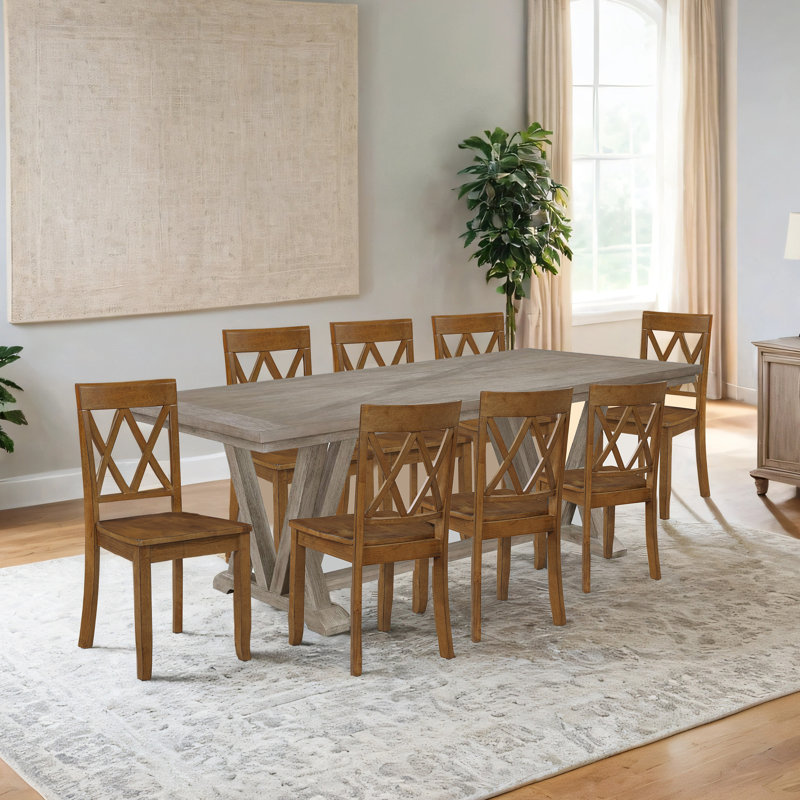 Brookner 17" Wide Wooden Dining Chairs With Double Cross-Back Design,  Antique Walnut, 8