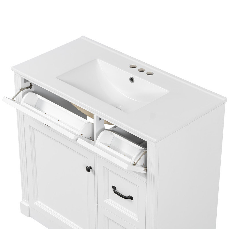 Meuble-lavabo de salle de bain avec lavabo en céramique, portes et tiroirs à fermeture en douceur, armoire de rangement