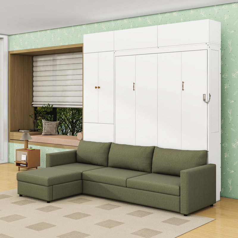 Lit escamotable en bois avec canapé en forme de L et armoires Murphy, Vert