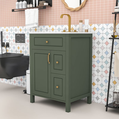 Meuble-lavabo contemporain en bois avec lavabo en céramique de qualité supérieure, porte à fermeture en douceur et grand espace de rangement