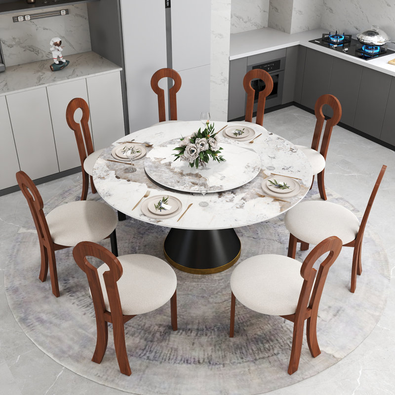 8 Seat Modern Round Sintered Stone Dining Table With Rotating Tray,modern Key-shaped Dining Chairs, Pandora