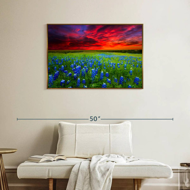 Bluebonnets au coucher du soleil I, Cadre flottant doré, 37 po x 25 po