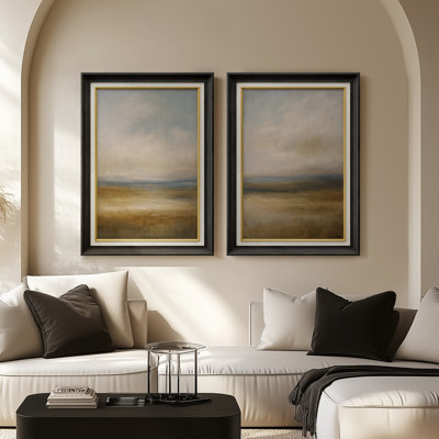 «Warm Golden Field Open Sky Serene Landscape», ensemble de 2 reproductions d'art encadrées de qualité supérieure sur papier 26 po x 36 po