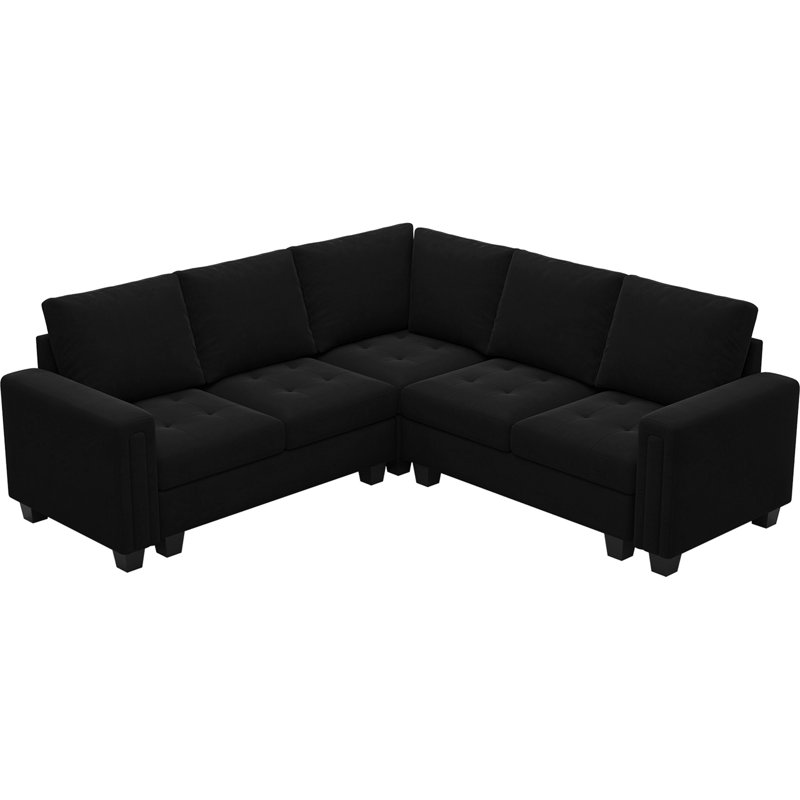 Shavera 4 - Piece Velvet Sectional Corner Sofa Livingroom Modular Couch Apartment Sofa, Black Velvet