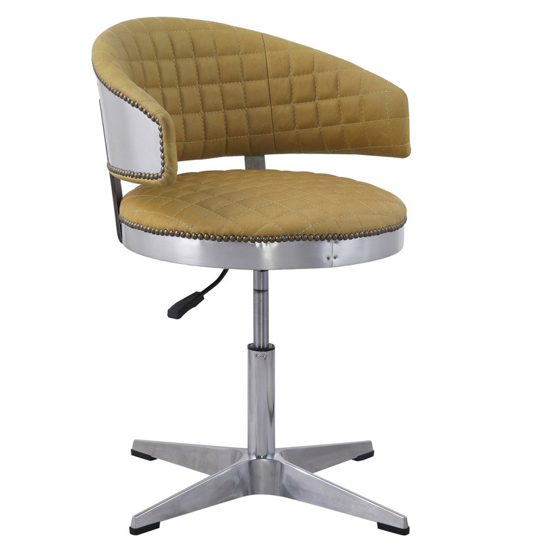 Tabouret en cuir souple rembourré de couleur curcuma, avec cadre et pivot pivotant confortable en métal