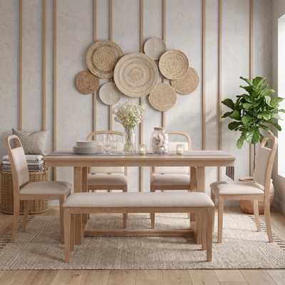 6-Piece Farmhouse Dining Table Set with Upholstered Chairs and Bench, Rectangular Kitchen Table Set for 6