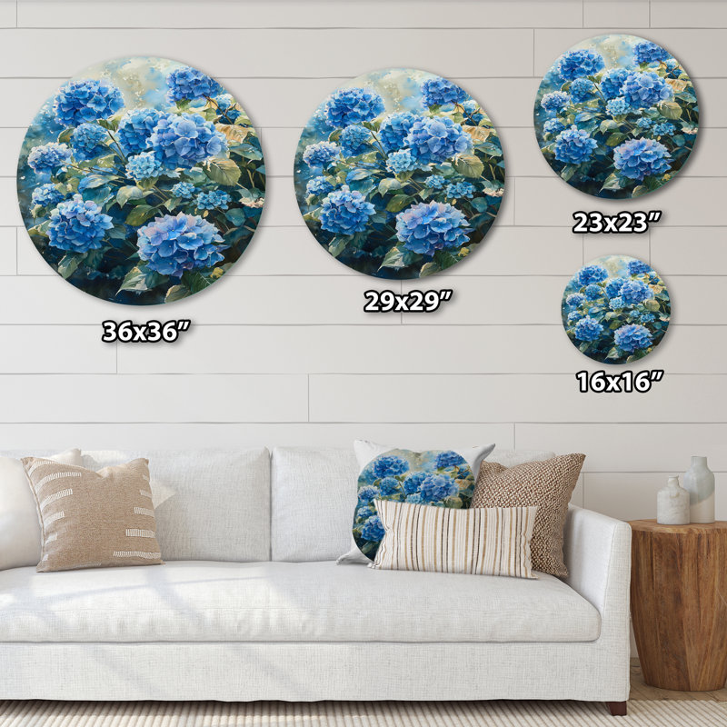 Hortensias dans la brise d'été I - Hydrangea, art mural rond en métal, H 36 po x l 36 po
