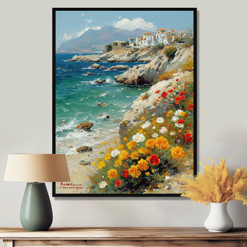 «Blooming Yellow Flowers Beach Town On The Rocks» - art mural plage de sable côtier, Toile avec cadre flottant noir