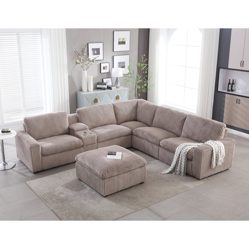 Annistyn 131.9" W 7-Piece Corduroy Power Reclining Sectional with Storage, Mushroom Taupe Corduroy