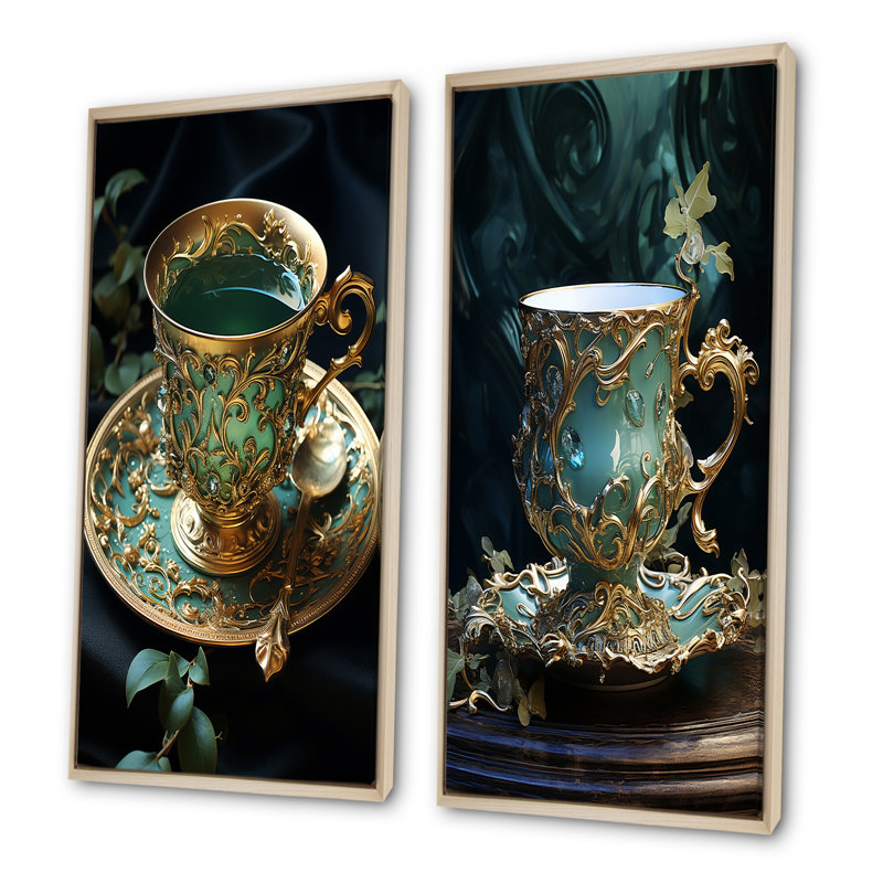 Élégance sophistiquée thé Élégance - ensemble de 2 impressions murales de verres, H 32 po x l 33 po, Encadrement brun