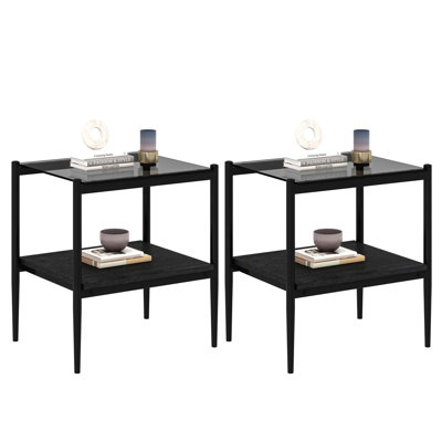 Set of 2 Rectangle End Table, Tempered Glass Tabletop with MDF layer, Modern Table for Living Room , Glass
