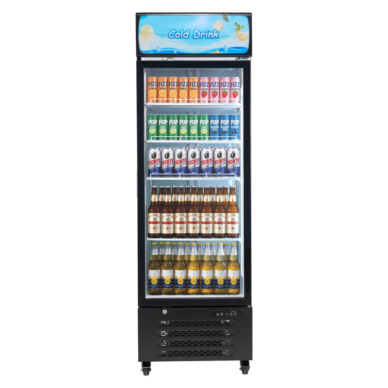 Réfrigérateur commercial pour marchandisage, réfrigérateur à porte vitrée de 15,9 pieds cubes / 450 L, refroidisseur de boissons vertical avec boîte à lumière personnalisable, 4 tablettes réglables et lumière DEL douce pour les magasins à domicile
