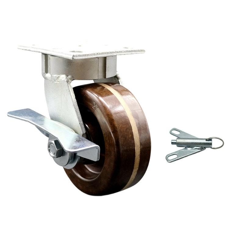 Roue à roulettes phénolique haute température 5 pouces avec frein et verrou pivotant Kingpinless