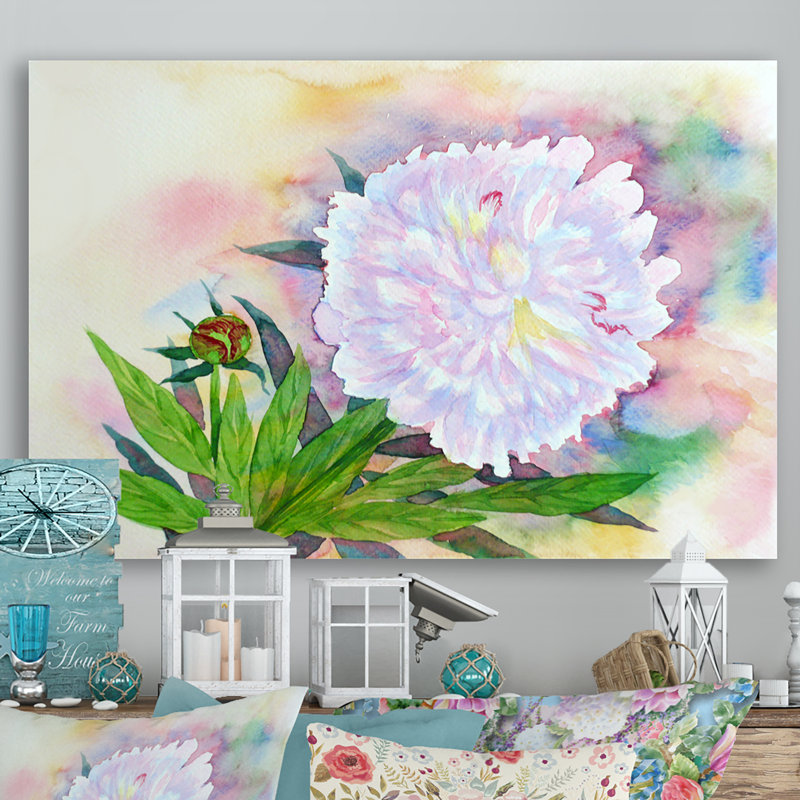 Pivoine blanche en été - reproduction sur toile avec cadre flottant, H 24 po x l 36 po x P 1 po, Toile tendue
