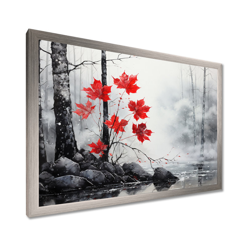 Bianchina, forêt monochrome rouge minimaliste II - forêt, art mural, H 16 po x l 32 po x P 1 po, Cadre simple argenté