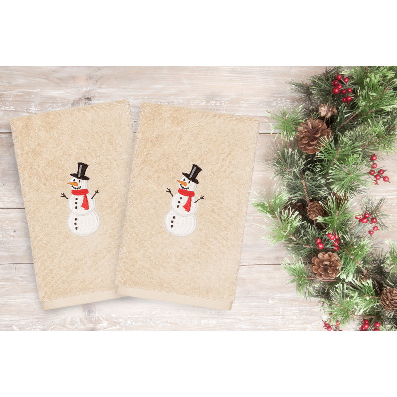 Christmas Hand Towels Snowman Embroidered Luxury Turkish Cotton Hand Towel, Sand