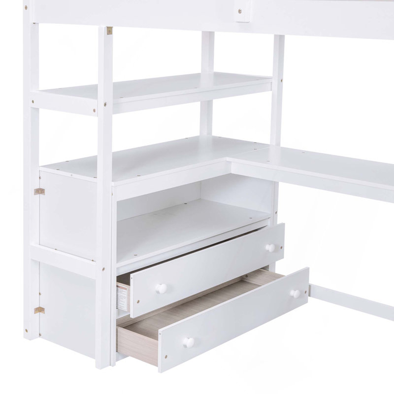 Lit mezzanine avec bureau et tablettes, deux tiroirs intégrés, escalier de rangement, Twin, White