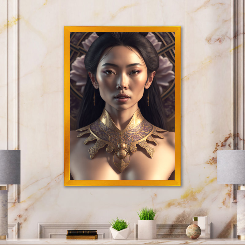 Ellga Asian Goddess With Golden Collier II, reproduction sur toile, H 32 po x l 16 po x P 1 po, Encadrement doré