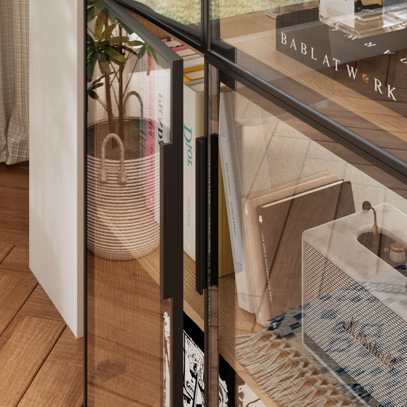 Vitrine en bois de 240 cm de large avec éclairage DEL, bibliothèque à 8 portes vitrées avec 6 tiroirs, structure métallique et étagères ouvertes