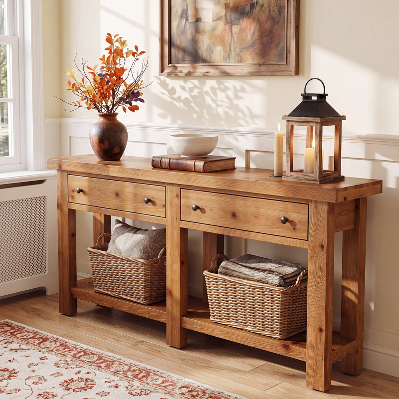 Console de 63 pouces en bois massif avec 2 tiroirs, canapé derrière le canapé et tablette de rangement pour le salon, le couloir