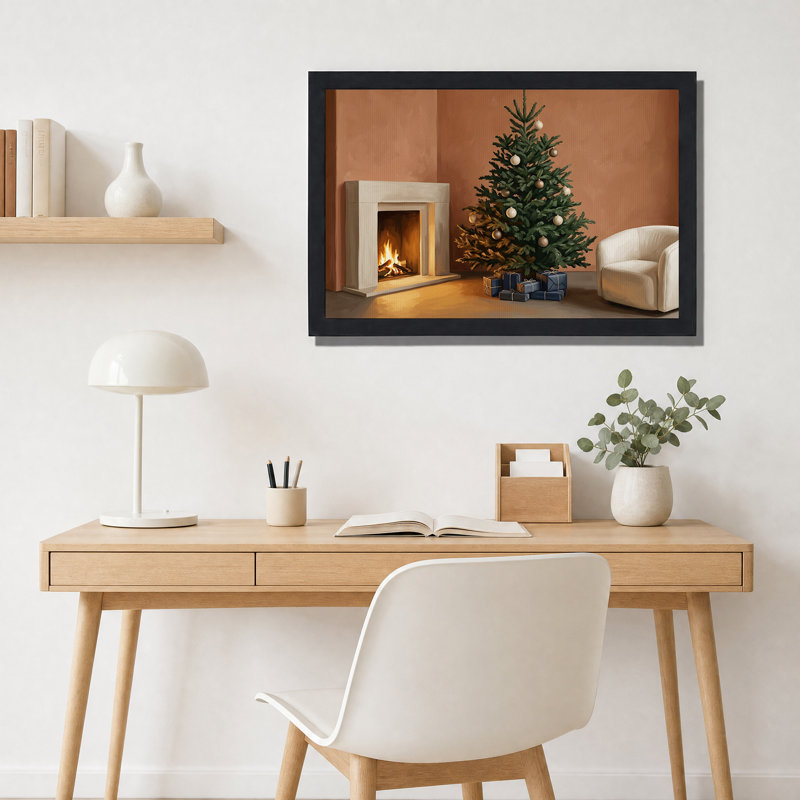 Arbre de Noël décoré avec des cadeaux près d'une cheminée, art mural, H 12 po x l 18 po