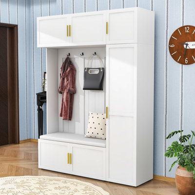 Contemporary Entryway Hall Tree with Cushioned Storage Bench, 4 Hooks and Spacious Storage