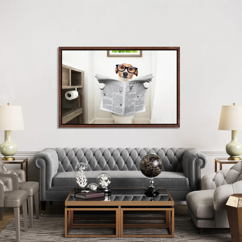 Dog on Toilet Seat Reading Newspaper I 1 Piece Wall Art on Canvas, 101.6cm H x 152.4cm W x 3.81cm D