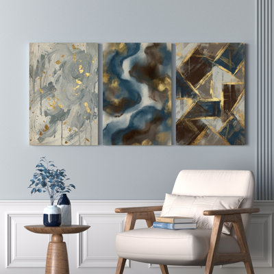Ensemble de 3 tableaux abstraits dorés et gris sur toile tendue, pour la décoration du salon et de la chambre à coucher.
