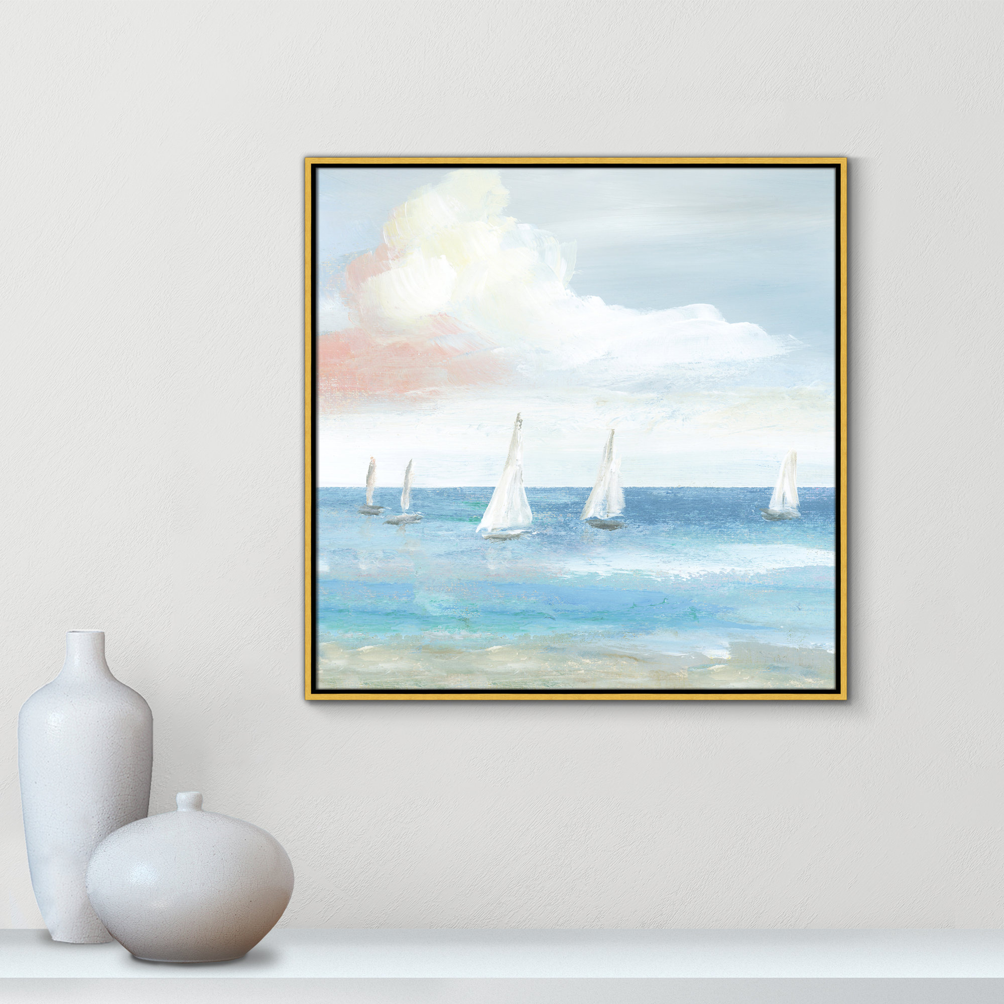Beach Sail Bliss by Nan - Floater Frame Print on Canvas, 31.5" H x 31.5" W x 2" D, Gold