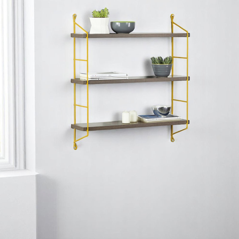 3 Wall Shelf, Walnut Finish, Metal Frame, Display, Modern Design, Contemporary Unit In With Bold - Ideal For Bedrooms Or Living Rooms, Spacious, Construction