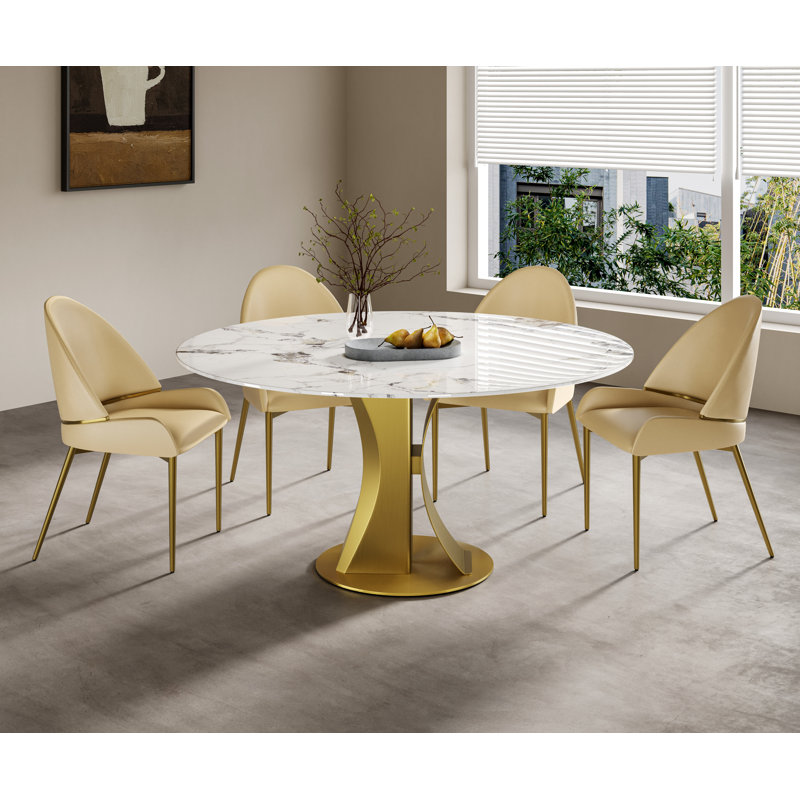 Rond Akshayaa de 47,2 po, 30" H x 60" L x 60" W, Plateau en pierre polie / base dorée