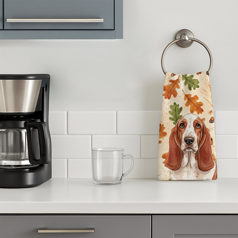 Red and White Basset Hound Heirloom Fall Kitchen Towel, Red and White Basset Hound