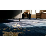 Antique Peking Chinese Allover Floral Blue Navy 1920s Rug