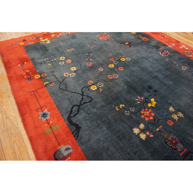 Chinese - Art Deco Rectangle 1920s Knotted Antique Blue Wool Room Size Rug